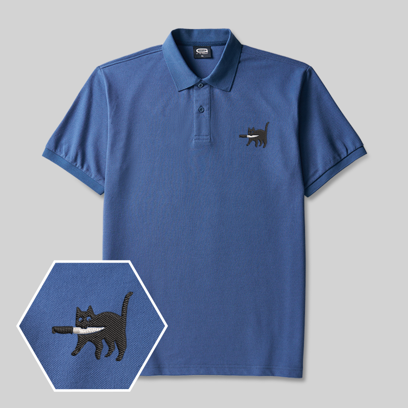 Samurai Cat Geek Embroidered Polo Shirt