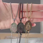 Unisex Stainless Steel Double-Sided Religious Saint Medal Pendant Necklace |   Vintage Virgin Mary & Saint Benedict Protection Amulet Jewelry
