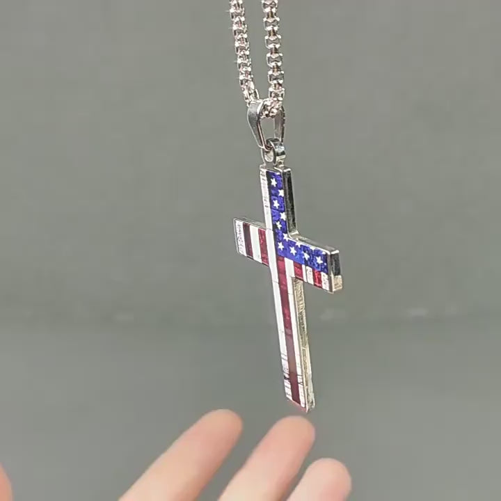 Men's Vintage American Flag Cross Pendant Necklace | Stainless Steel Patriotic Cross Chain Jewelry