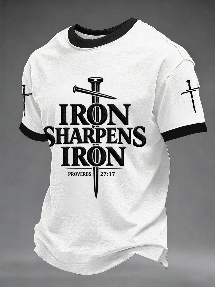 Herren „Eisen wetzt Eisen“ Sprüche 27,17 T-Shirt mit christlichem Kreuz-Aufdruck, Freizeit