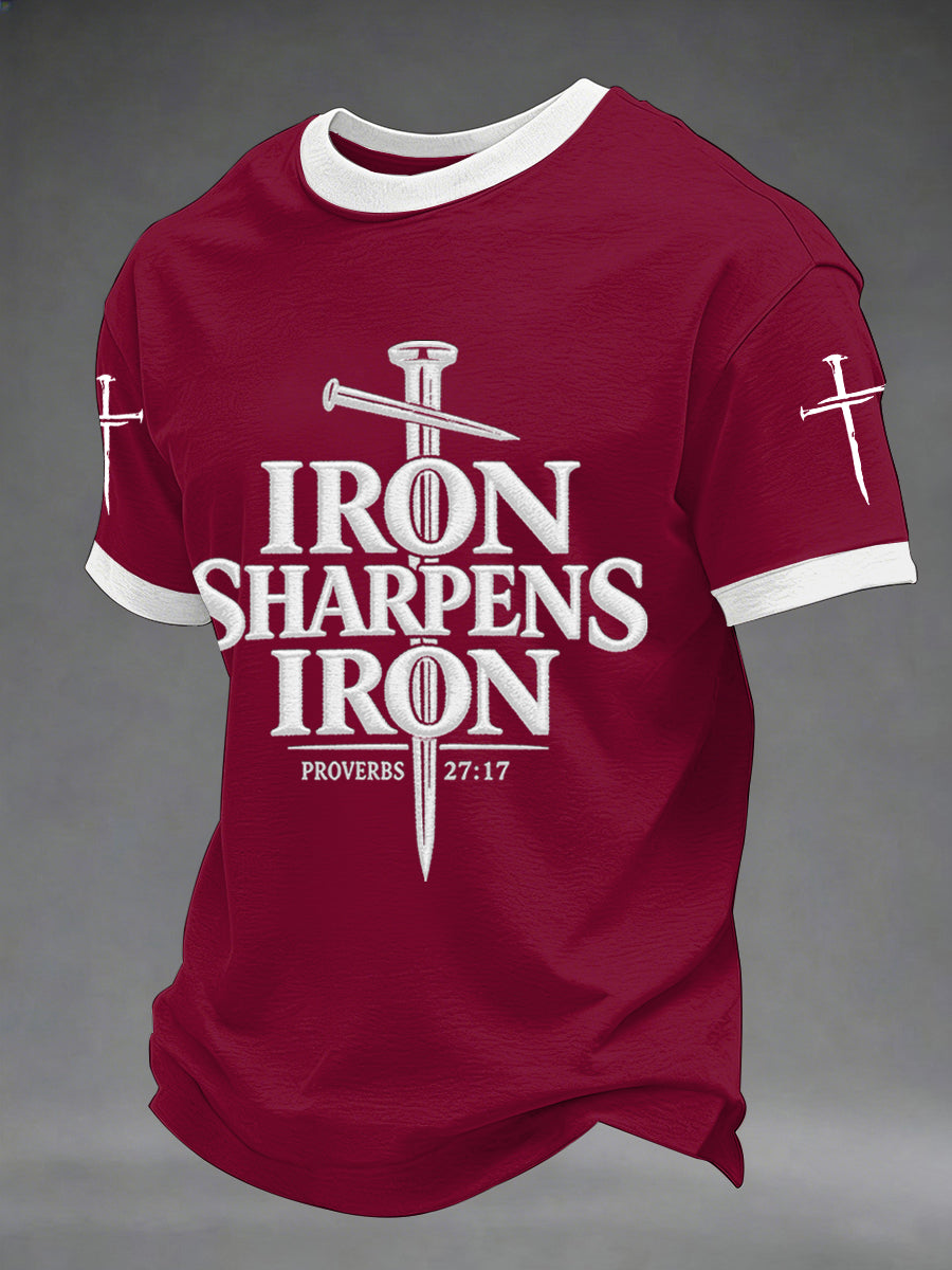 Men's Iron Sharpens Iron Proverbs 27:17 Christian Cross Print Casual Tee