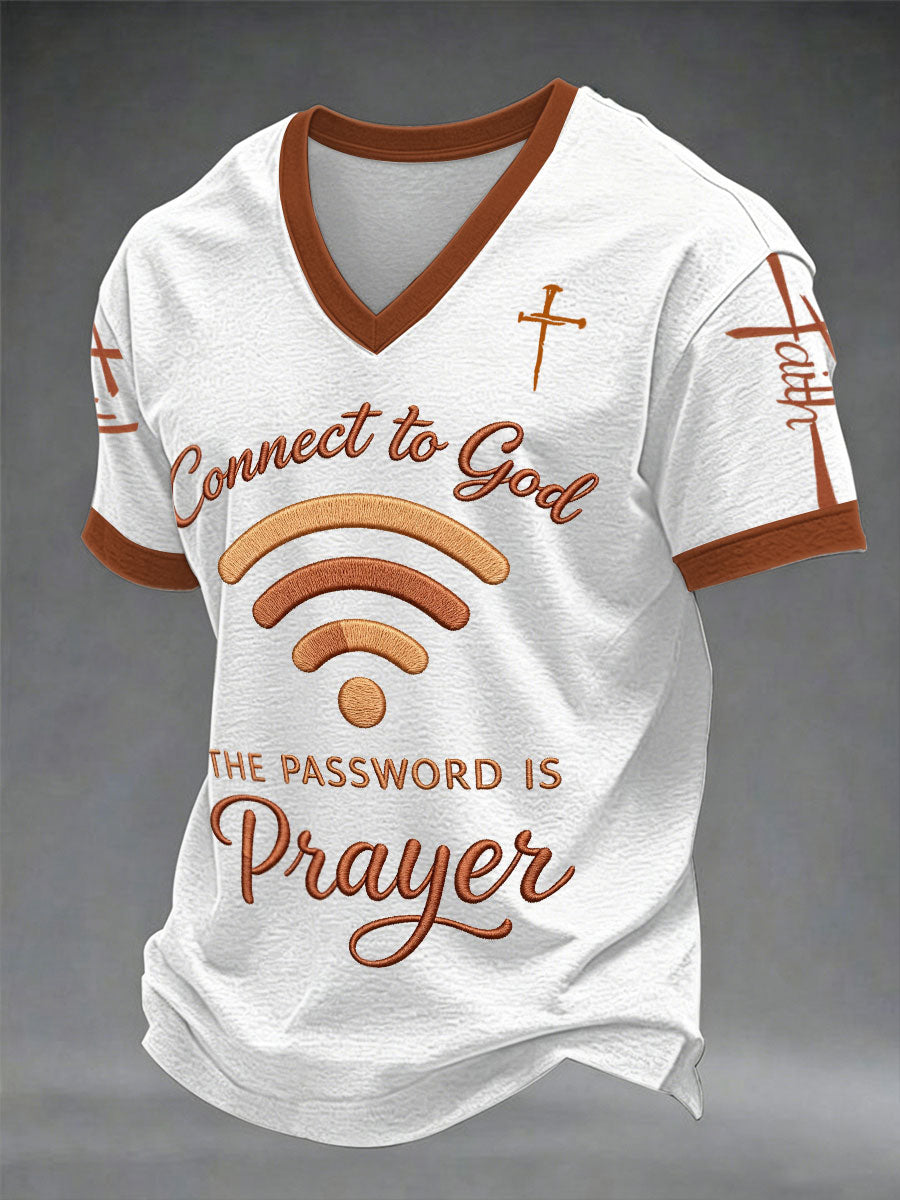 Herren-T-Shirt mit V-Ausschnitt und Aufdruck „Connect To God,The Password IS Prayer“