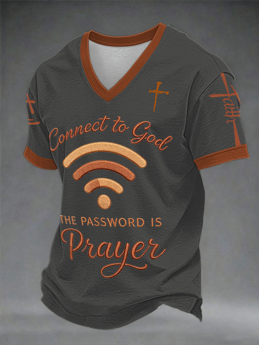 Men's "Connect To God,The Password IS Prayer" Print Casual V-neck T-shirt