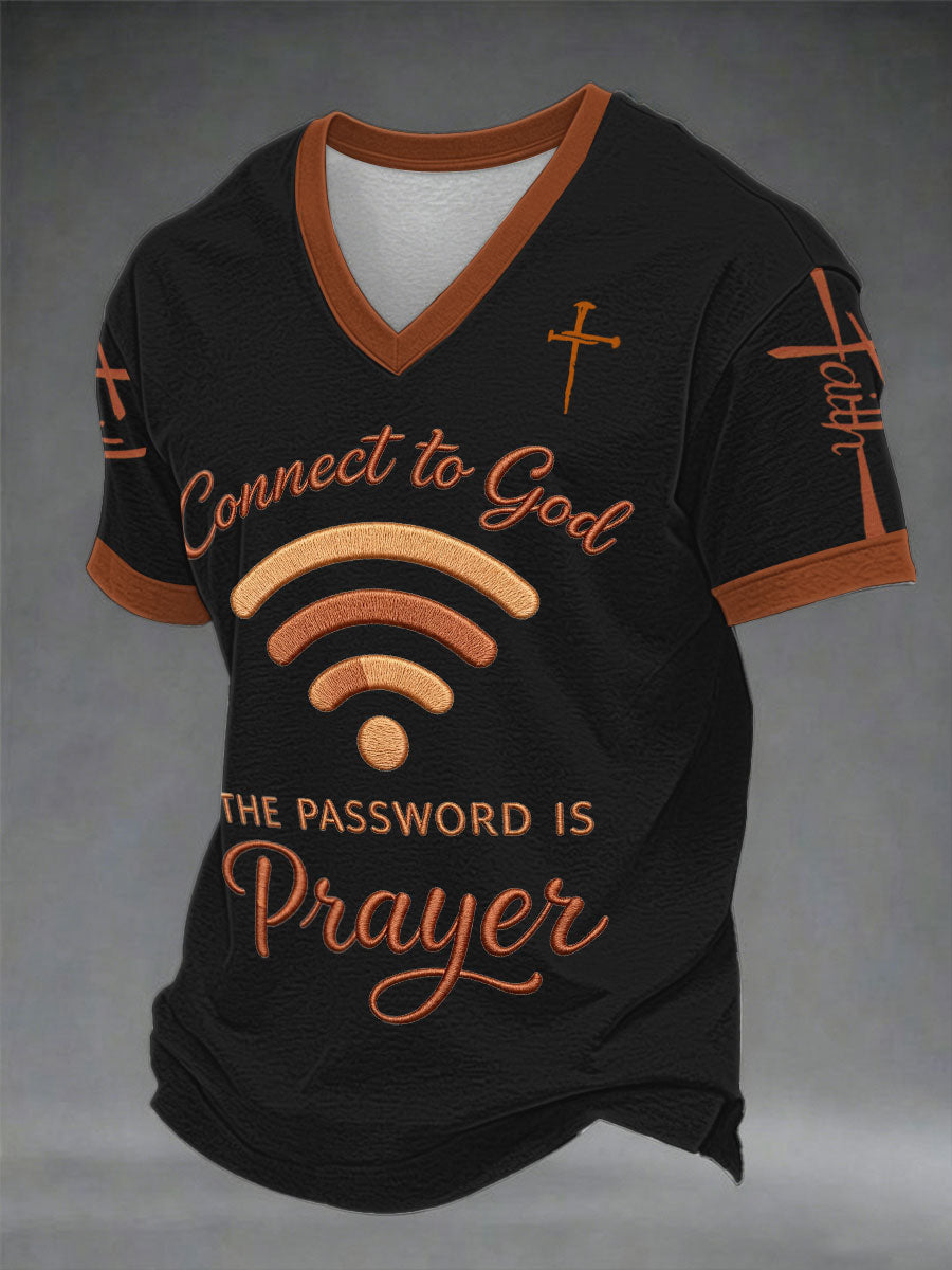 Men's "Connect To God,The Password IS Prayer" Print Casual V-neck T-shirt