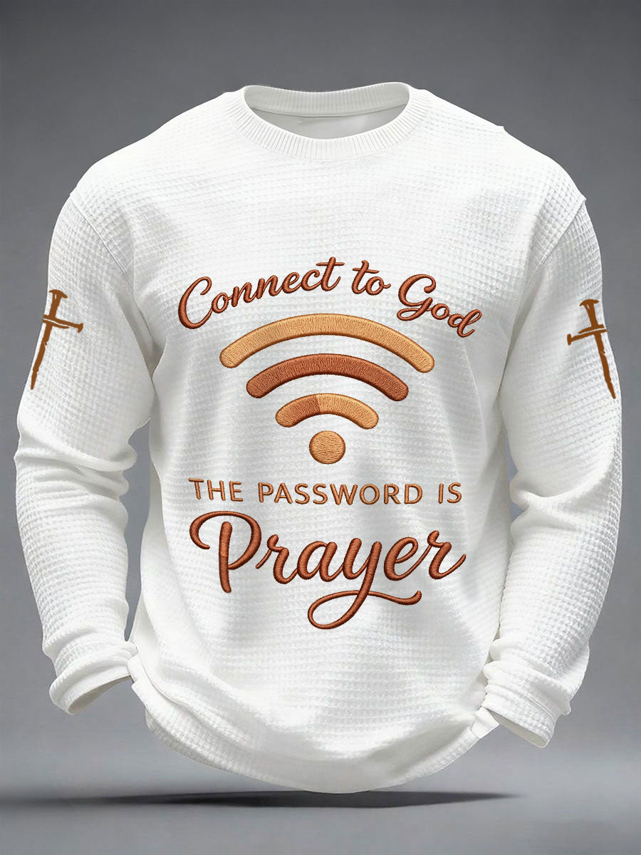 Herren "Connect To God,The Password IS Prayer" Bedrucktes lässiges Waffel-Langarm-T-Shirt