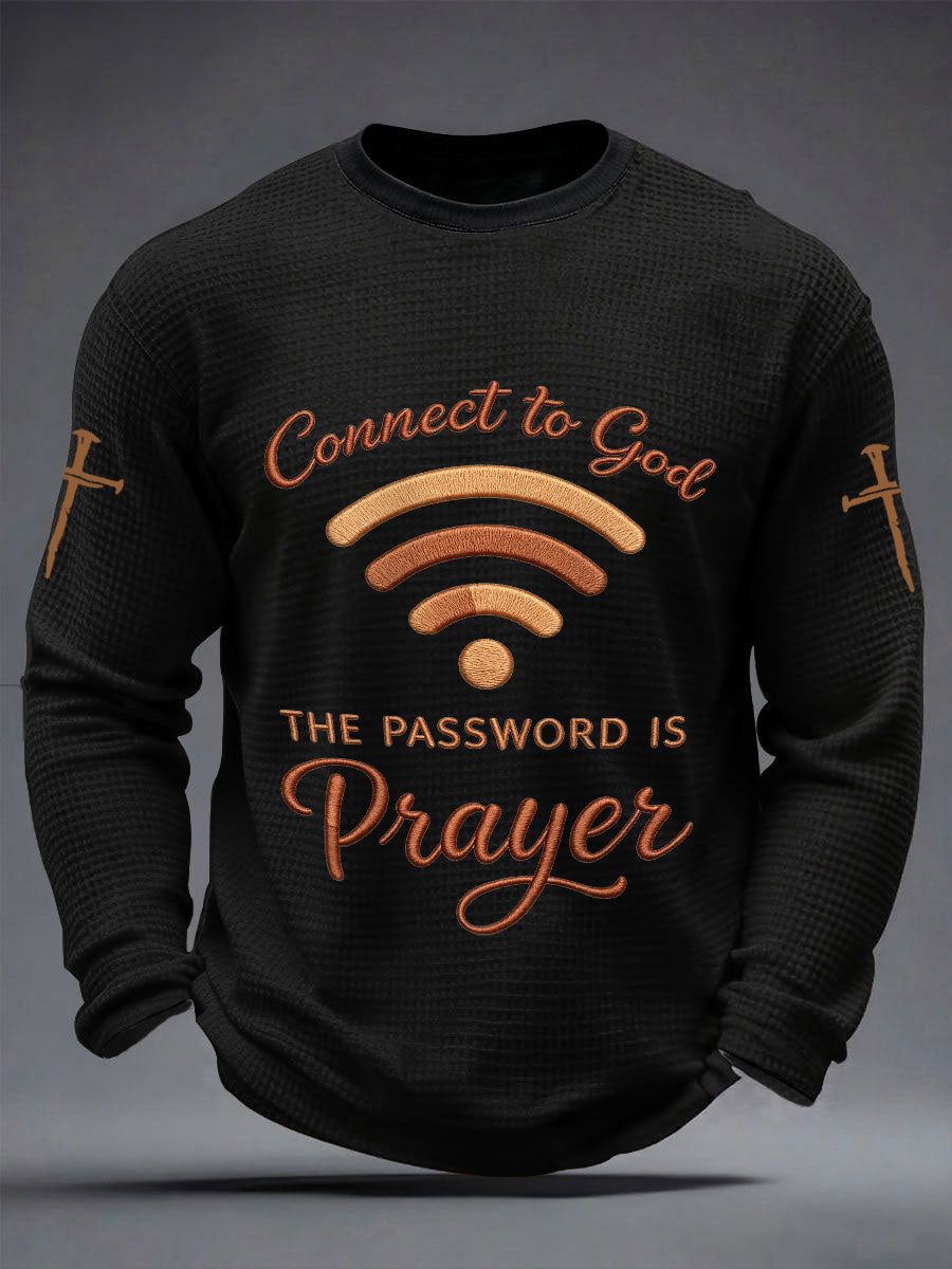 Men's "Connect To God,The Password IS Prayer" Print Casual Waffle Long Sleeve T-Shirt