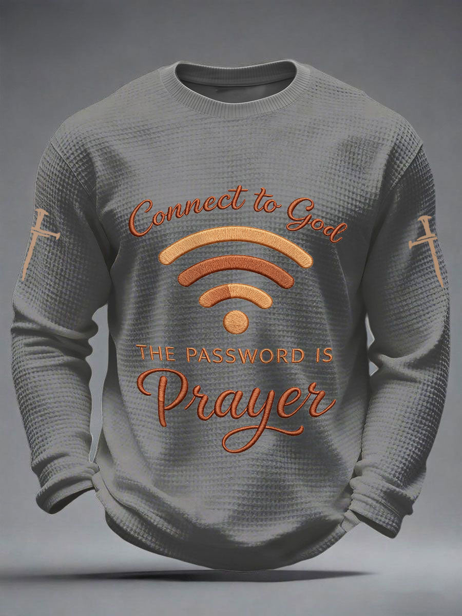 Men's "Connect To God,The Password IS Prayer" Print Casual Waffle Long Sleeve T-Shirt