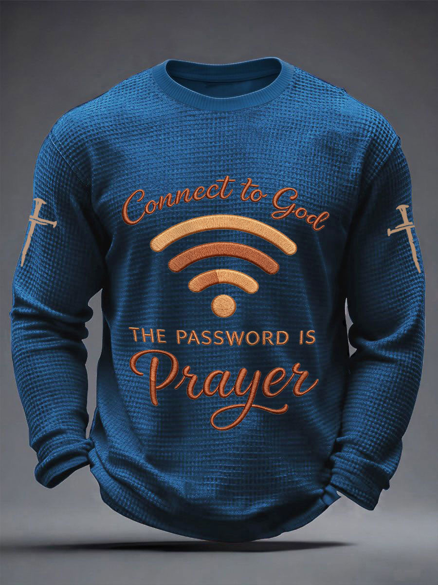 Men's "Connect To God,The Password IS Prayer" Print Casual Waffle Long Sleeve T-Shirt