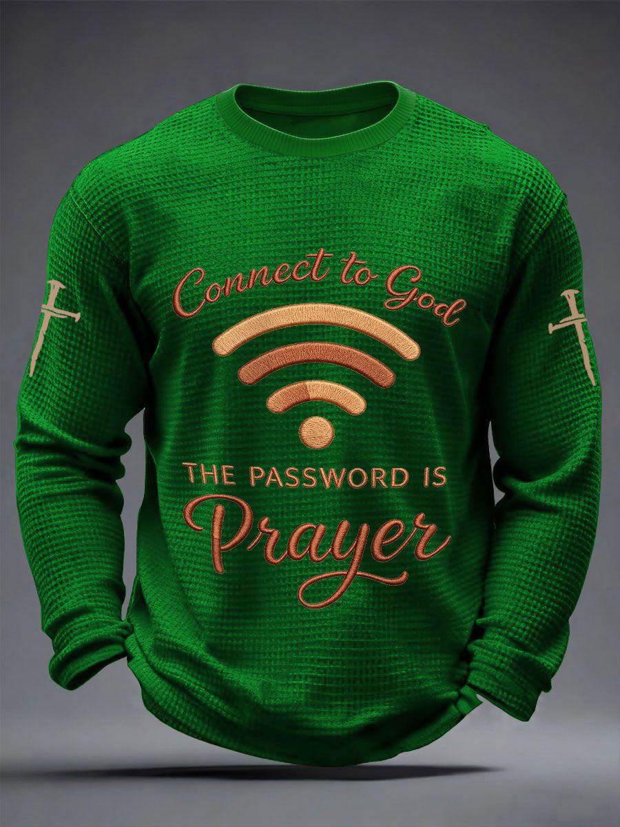 Men's "Connect To God,The Password IS Prayer" Print Casual Waffle Long Sleeve T-Shirt