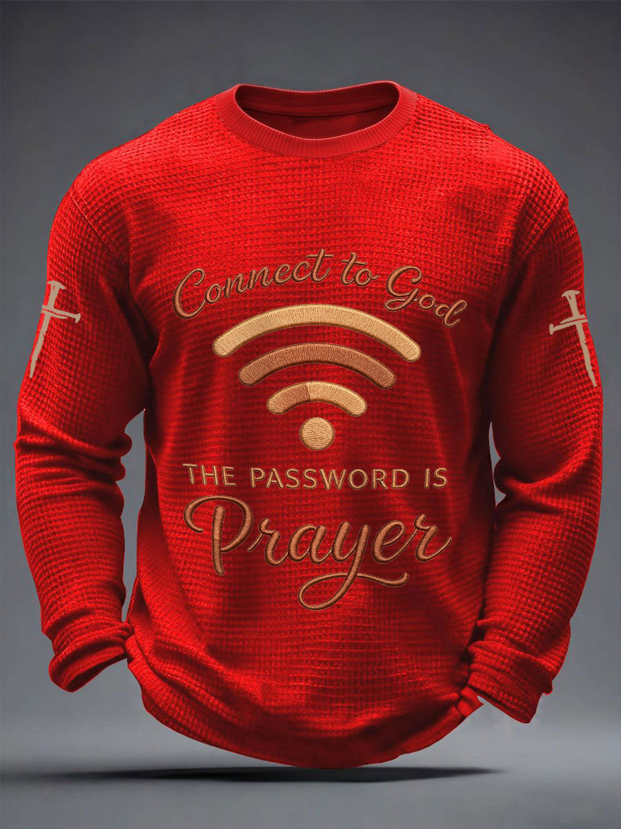 Men's "Connect To God,The Password IS Prayer" Print Casual Waffle Long Sleeve T-Shirt