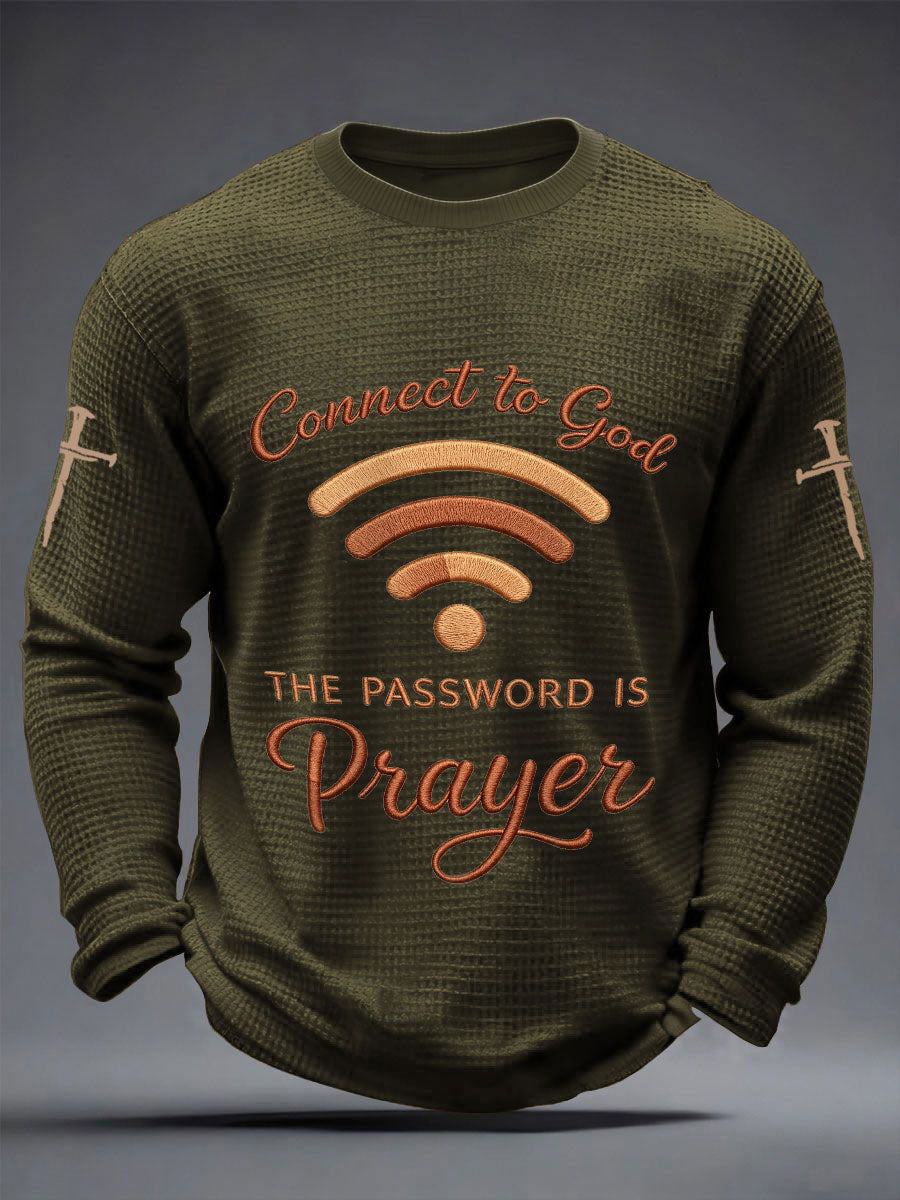 Men's "Connect To God,The Password IS Prayer" Print Casual Waffle Long Sleeve T-Shirt