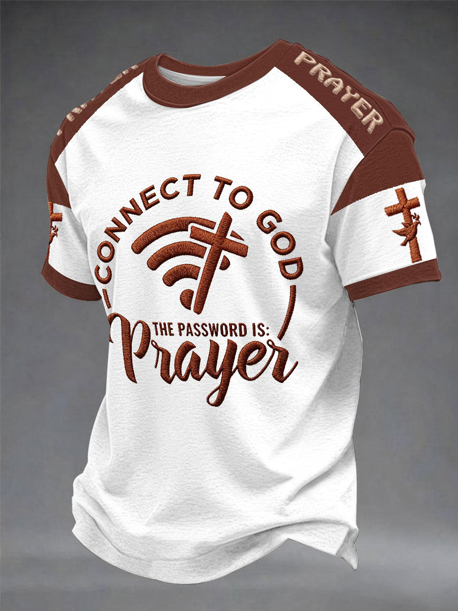 Herren-T-Shirt mit kurzem Ärmel und Aufdruck "Connect To God,The Password IS Prayer"