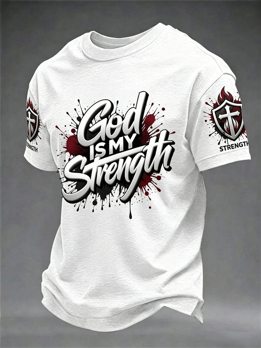 Herren-T-Shirt mit kurzem Arm „Christian God Is My Strength Cross“