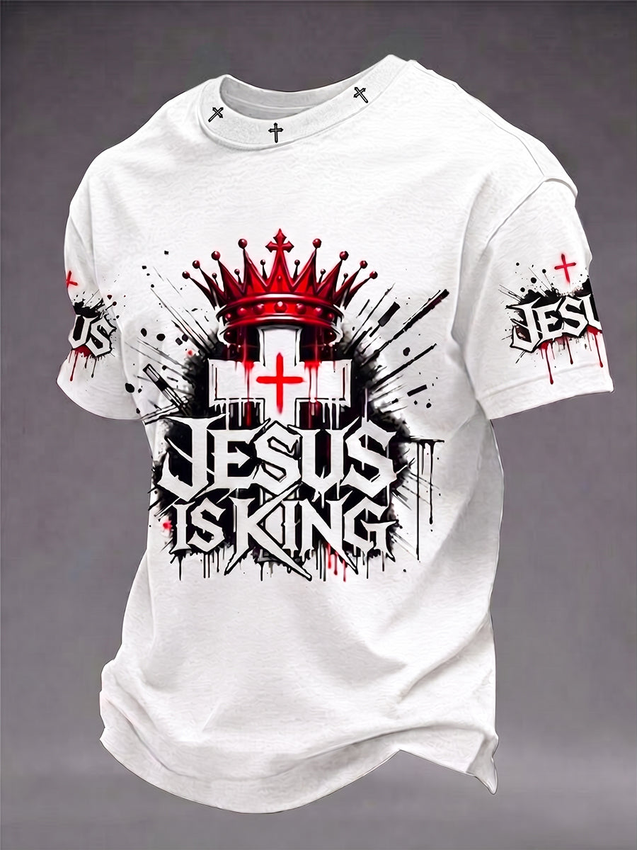 Herren T-Shirt „Jesus Is King“ mit Kreuz und kurzen Ärmeln