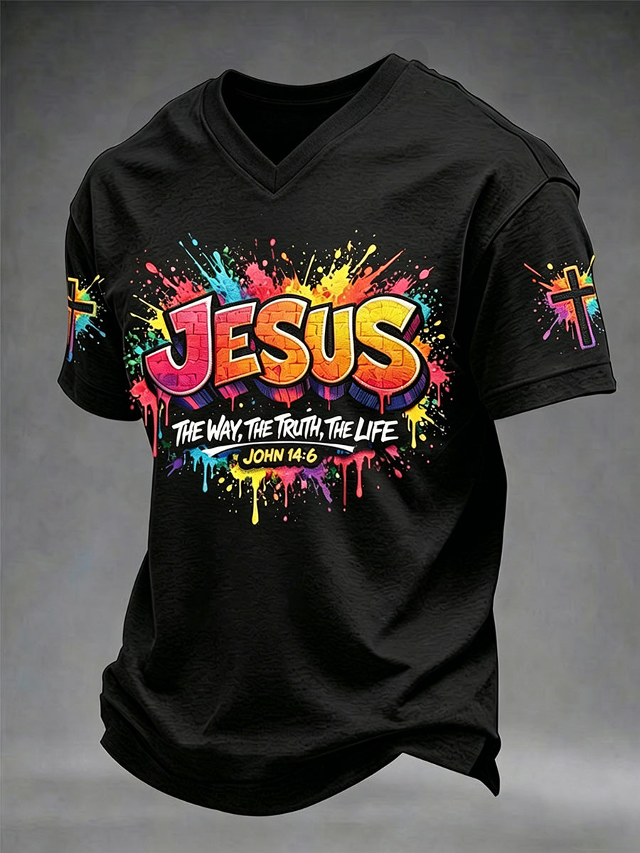 Herren Christliches Jesus Kreuz Kurzarm V-Ausschnitt T-Shirt