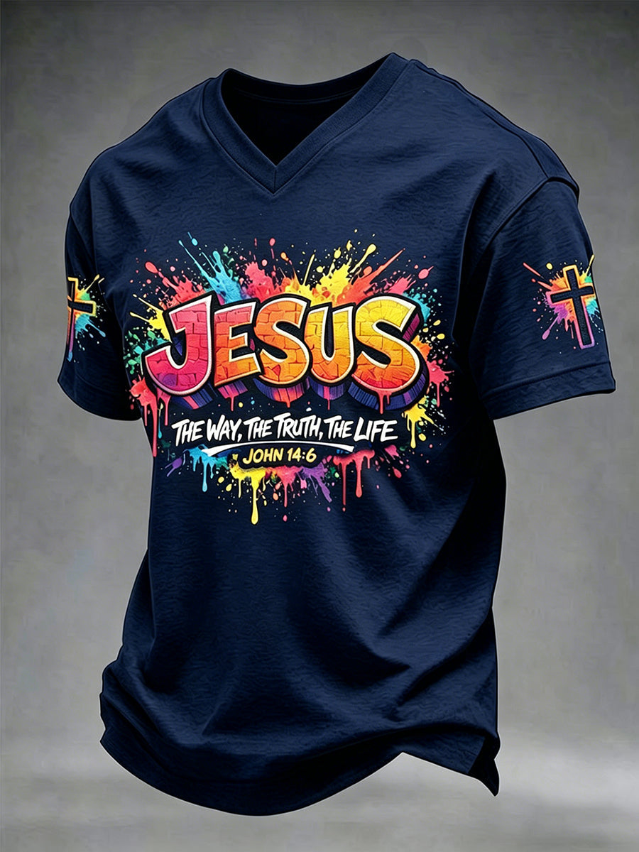 Men's Christian Jesus Cross Short Sleeve V-neck T-shirt