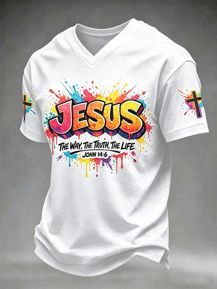 Men's Christian Jesus Cross Short Sleeve V-neck T-shirt
