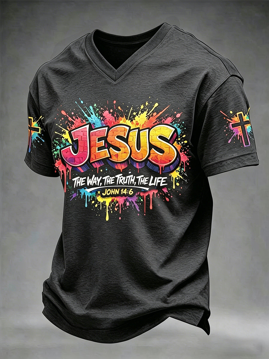 Men's Christian Jesus Cross Short Sleeve V-neck T-shirt