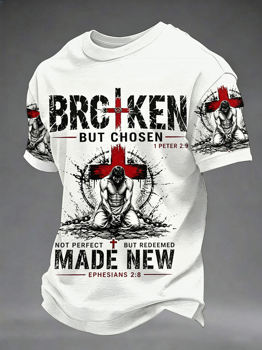 Herren-T-Shirt mit christlichem Kreuzdruck „Gebrochen, aber erwählt“