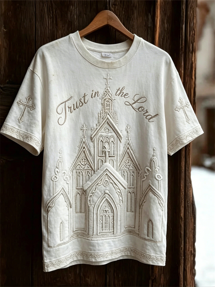 Unisex T-Shirt mit „Trust in the Lord Gothic Church Print“ und kurzen Ärmeln
