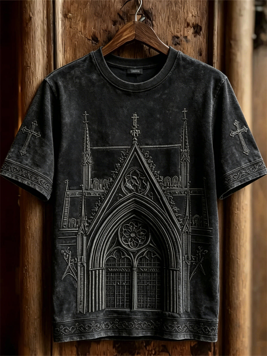 Unisex dunkles Gothic Kirche & Kreuz Print Kurzarm T-Shirt