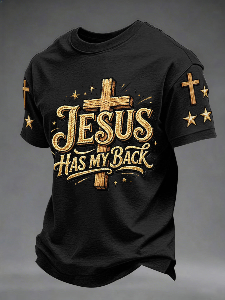 Herren T-Shirt mit Aufdruck „Jesus Has My Back“