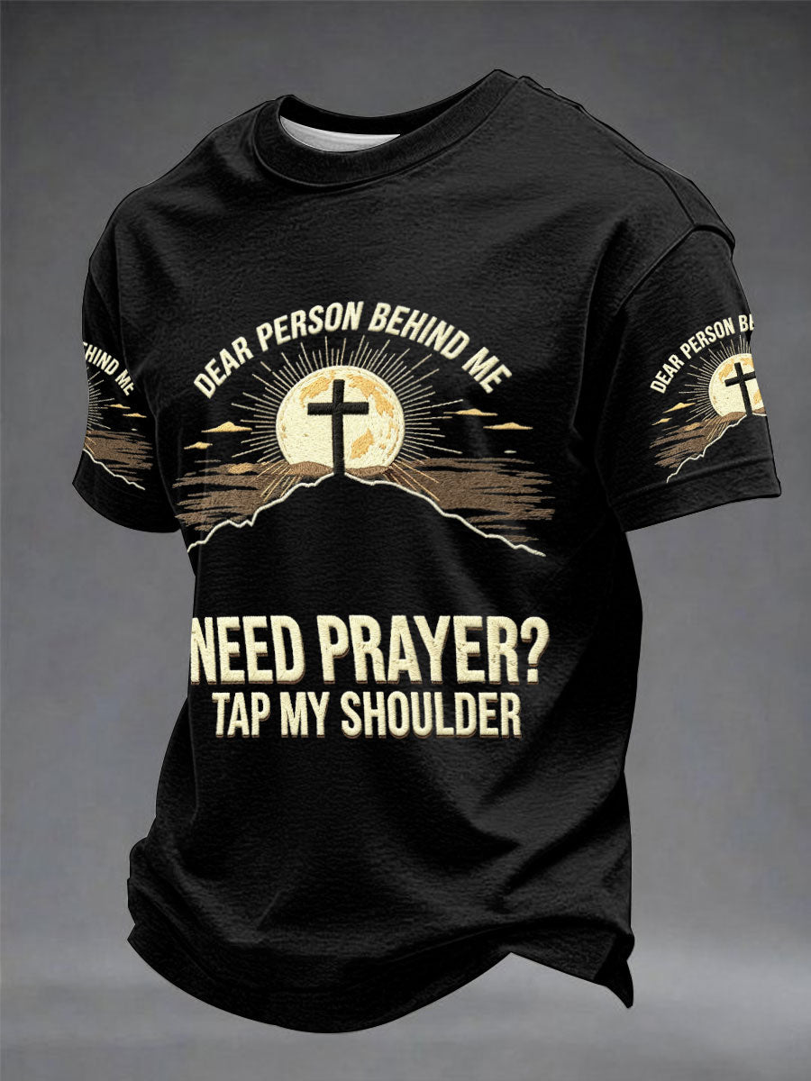Herren "Need Preyer? Tap My Shoulder" Kunst-Stickerei Unisex Freizeit-T-Shirt