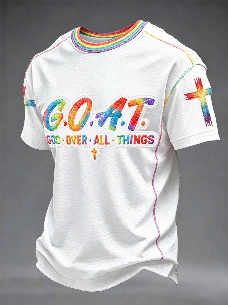 Herren "God Over All Things" Kunststickerei Print Unisex Freizeit T-Shirt