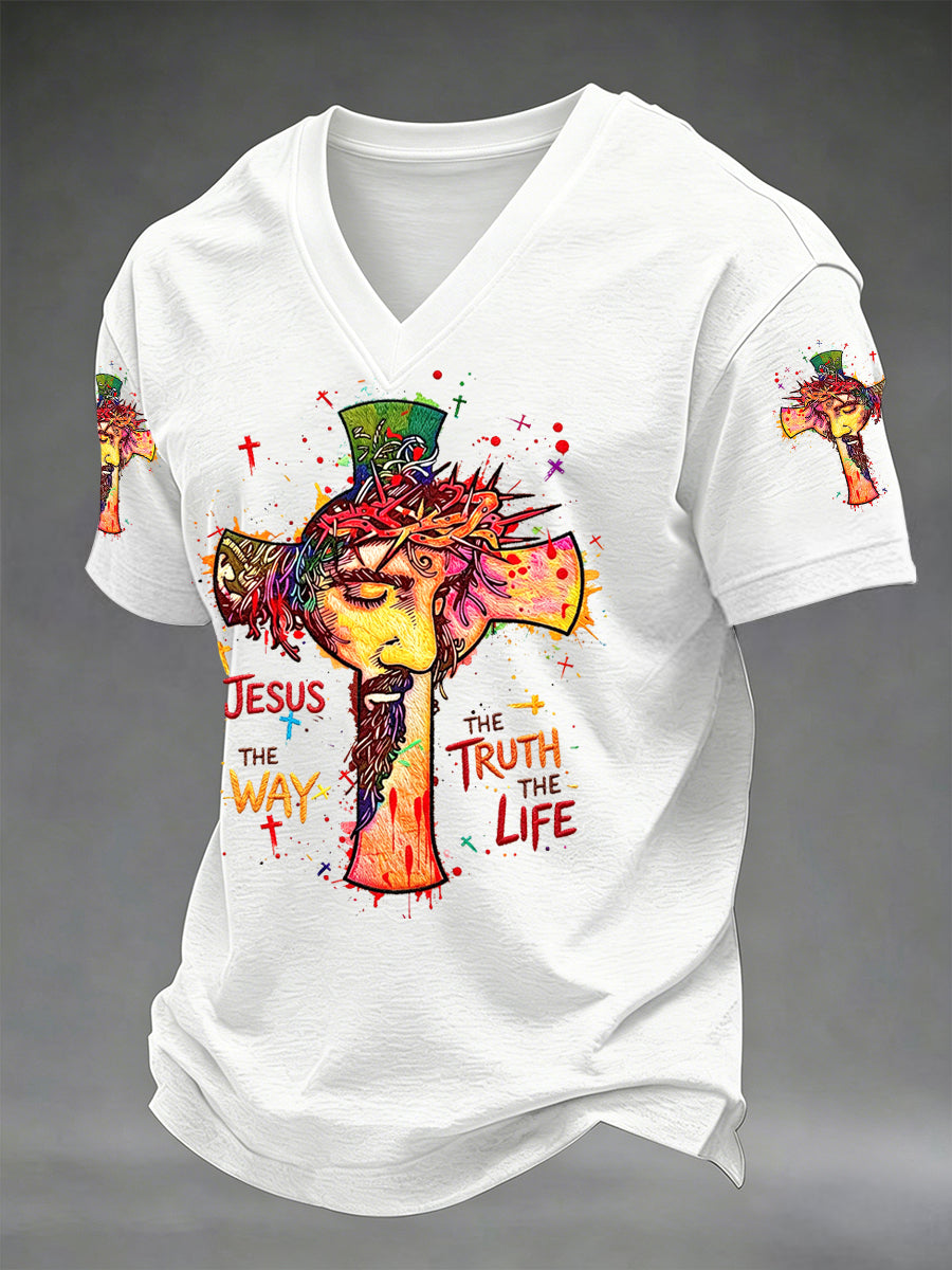 Men's Jesus The Way The Truth The Life Print Casual V-Neck Tee