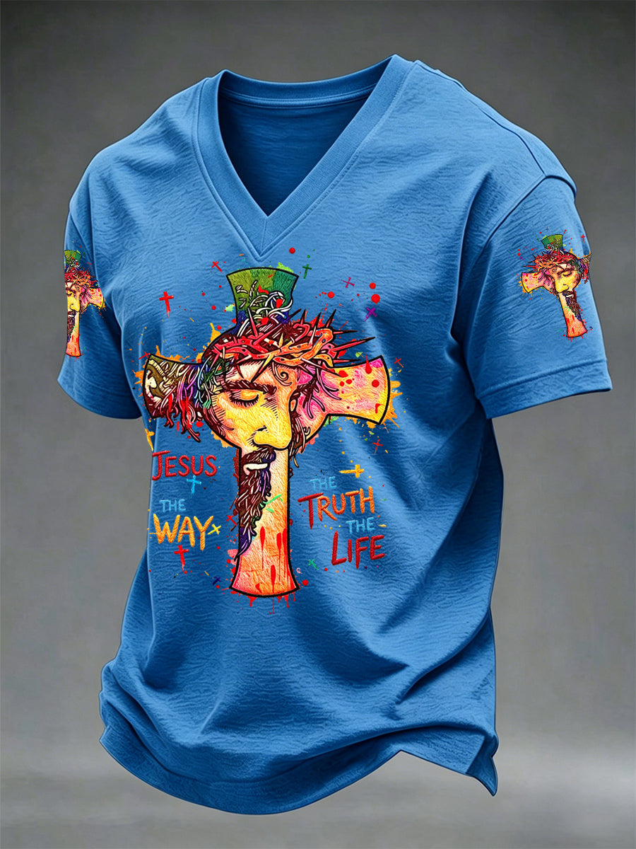 Men's Jesus The Way The Truth The Life Print Casual V-Neck Tee