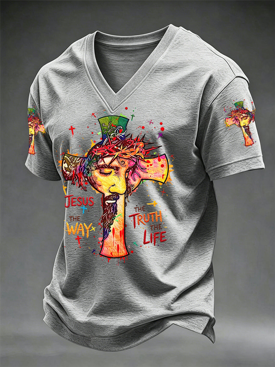 Men's Jesus The Way The Truth The Life Print Casual V-Neck Tee