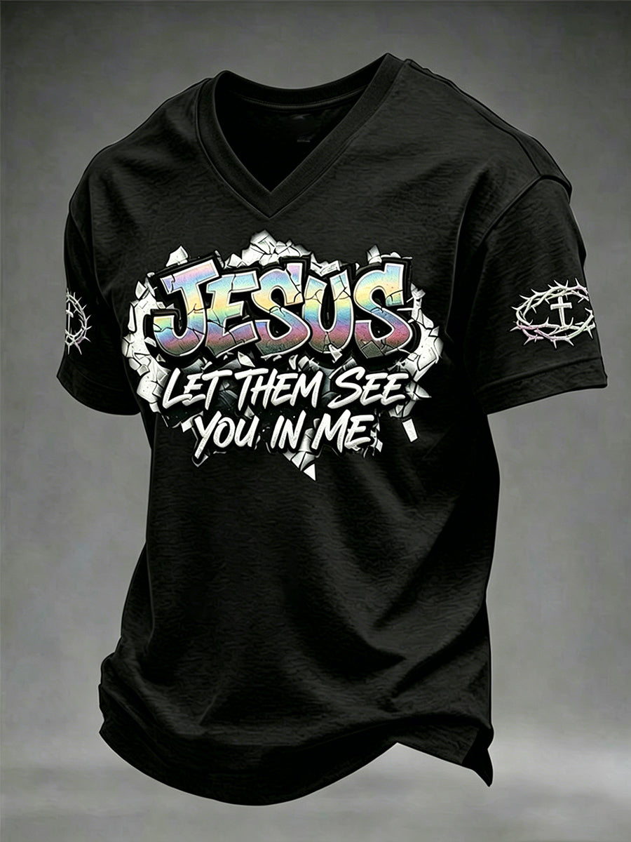 Herren christliches Jesus-Kreuz Kurzarm-V-Ausschnitt T-Shirt