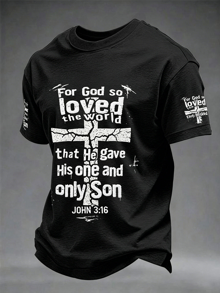 Herren Christliches "Denn so sehr hat Gott die Welt geliebt" Kreuz Kurzarm O-Neck T-Shirt