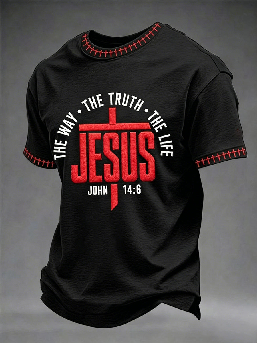 Herren-T-Shirt mit Jesus Christus „Der Weg, die Wahrheit und das Leben“ nach Johannes 14,6 und Kreuzmotiv, Kurzarm