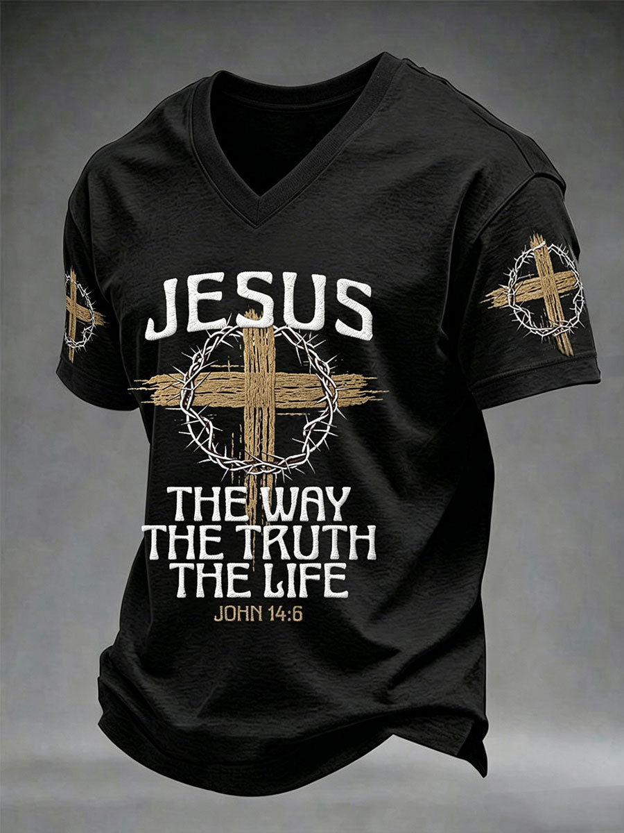 Herren T-Shirt mit V-Ausschnitt, christlich, Jesus Der Weg, die Wahrheit, das Leben, Johannes 14,6, Kreuz