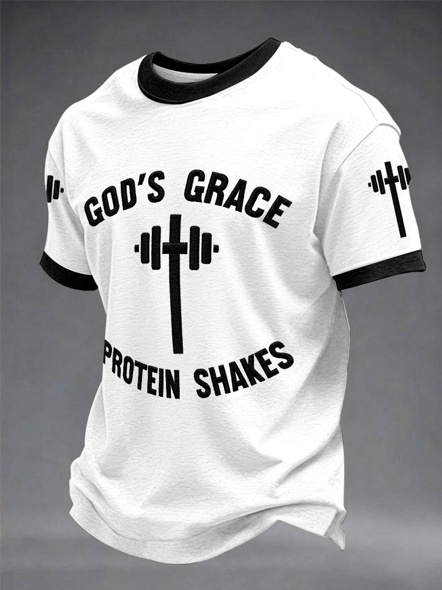 „Gottes Gnade Protein Und Shakes“ Christian Fitness Casual bedrucktes T-Shirt