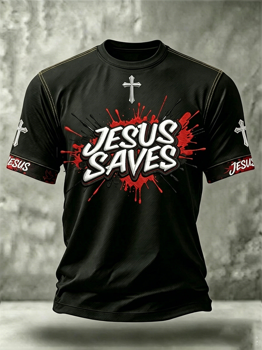 Herren T-Shirt „Jesus rettet“, Kreuz, Kurzarm