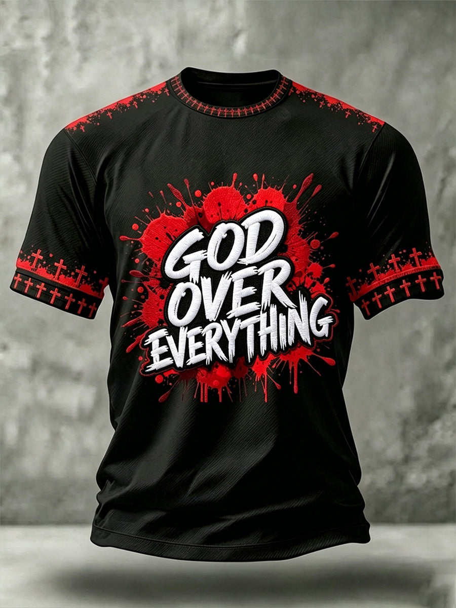 Herren T-Shirt mit Aufdruck „Christian God Over Everything Cross“, kurzärmelig