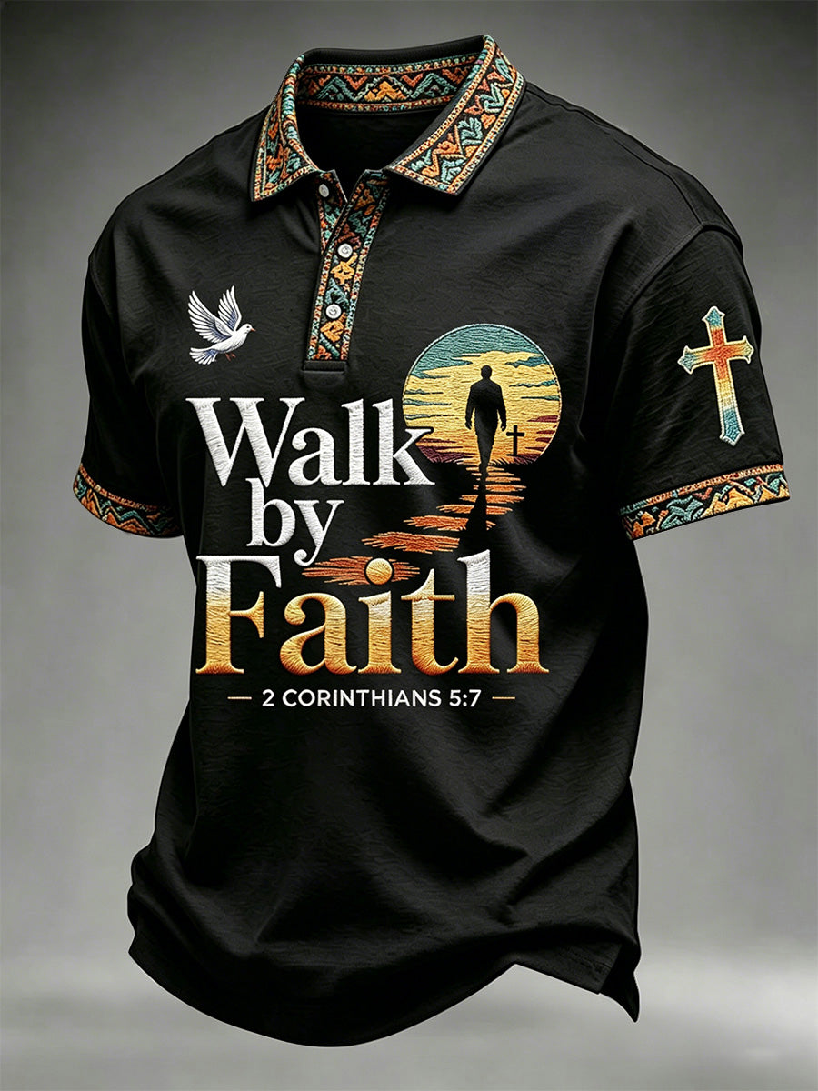 Polo-Shirt für Herren mit christlichem Kreuz „Walk By Faith Not By Sight“ Aufdruck