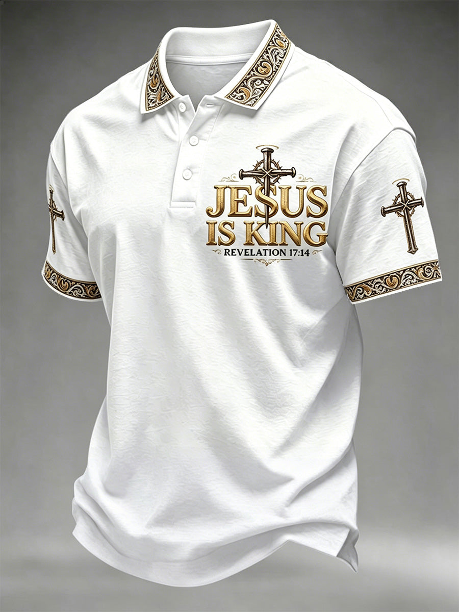 Polo-Shirt für Herren mit christlichem Kreuz und „Jesus Is King“-Aufdruck