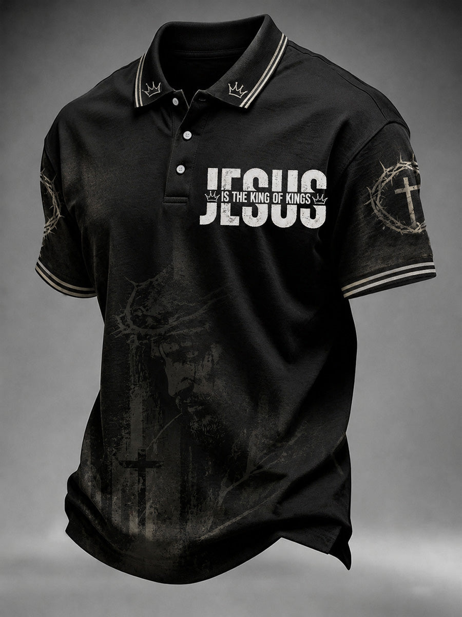 Men's Christian Cross Jesus Is The King Of Kings Print Polo