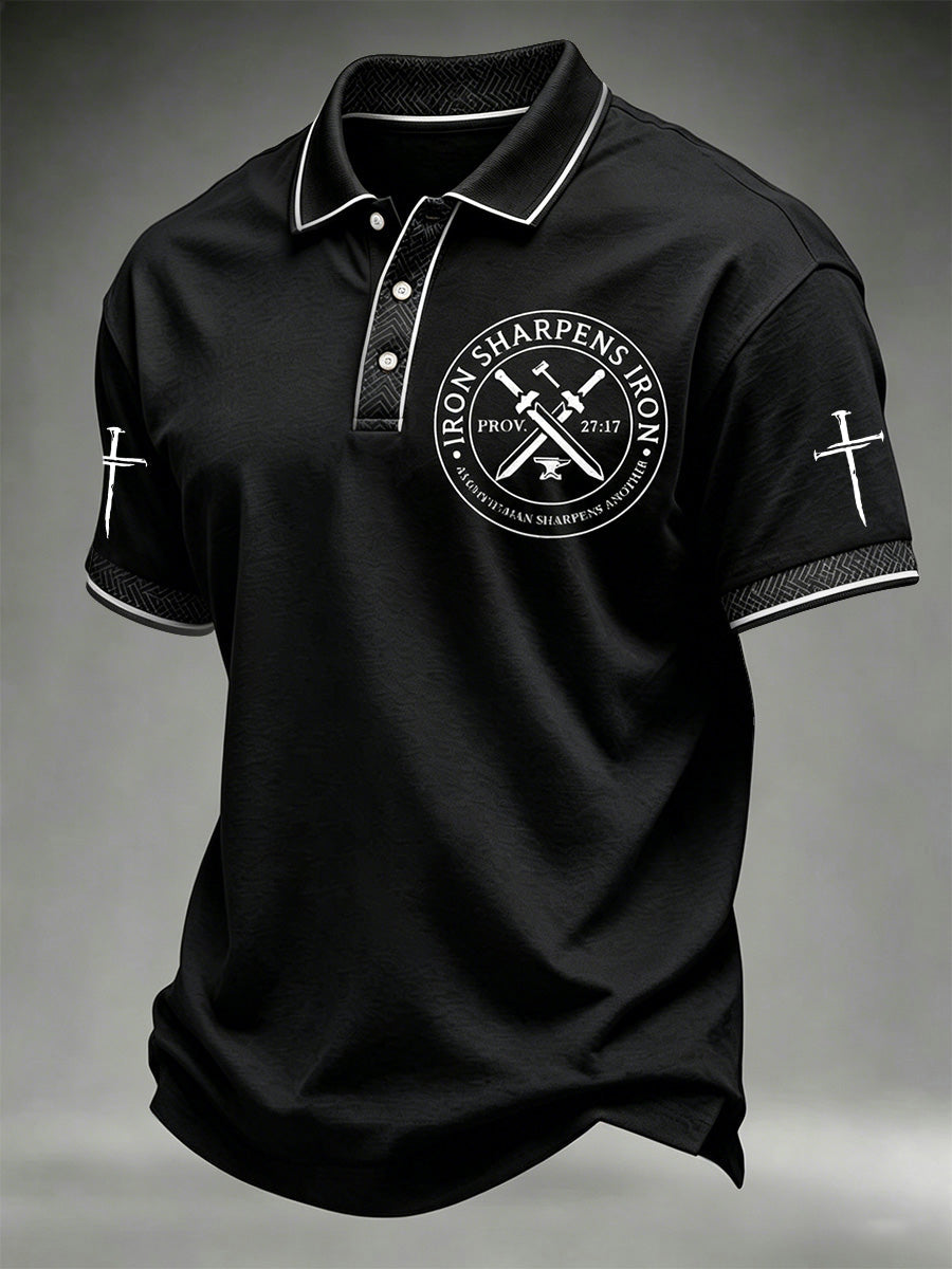 Herren Polo-Shirt "Eisen schärft Eisen" mit christlichem Kreuz, lässig bedruckt