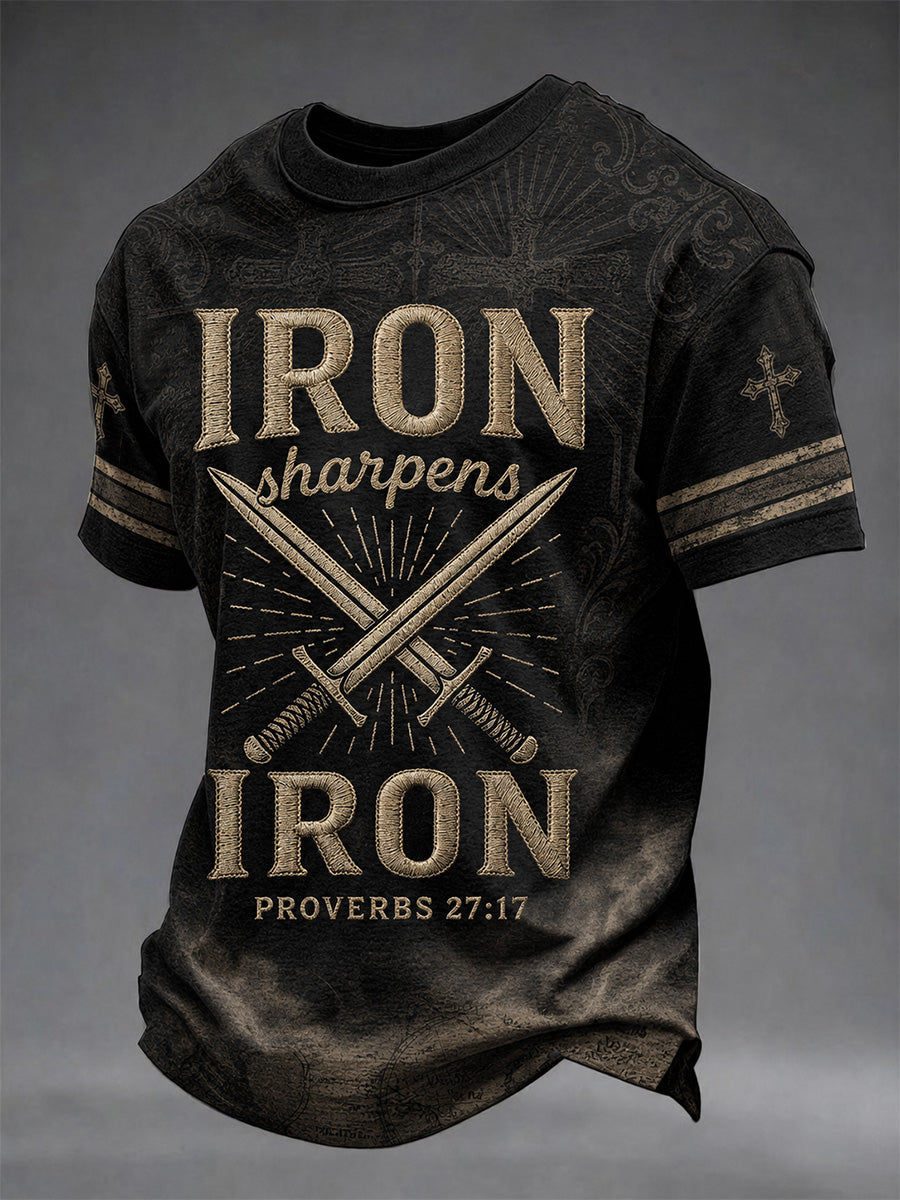 Herren T-Shirt mit christlichem Kreuz und „Iron Sharpens Iron“-Print, Freizeit