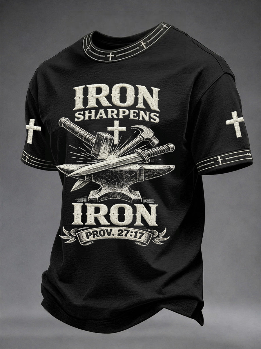 Herren T-Shirt mit christlichem Kreuz und „Iron Sharpens Iron“-Print, lässig