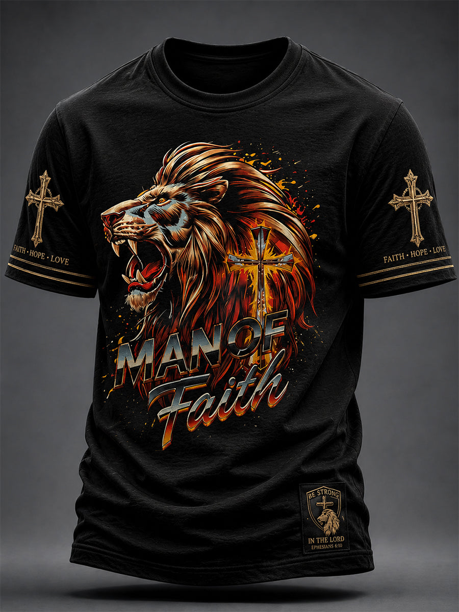 Men's Christian Man of Faith Lion and Cross Short Sleeve  T-shirt