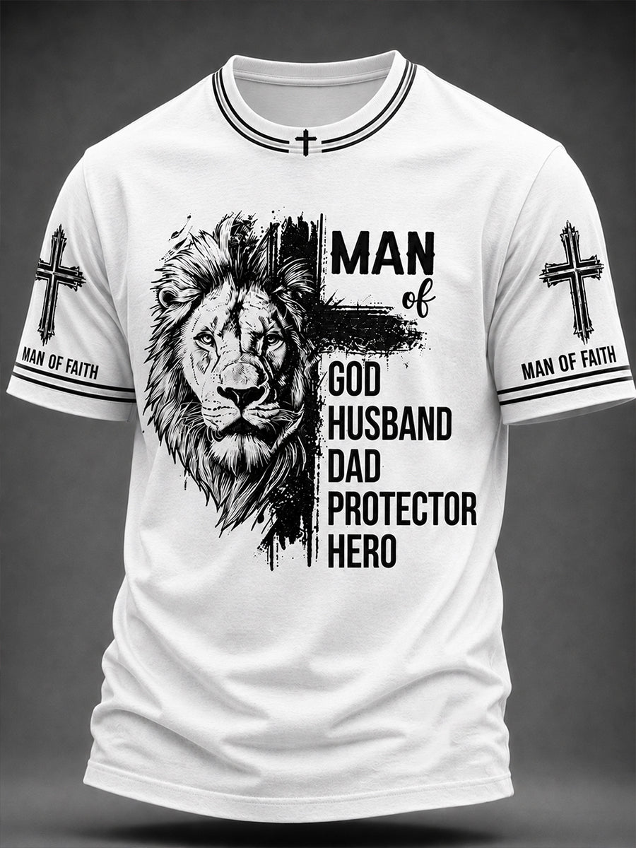 Herren Christlicher Mann des Glaubens Löwe und Kreuz Kurzarm-T-Shirt