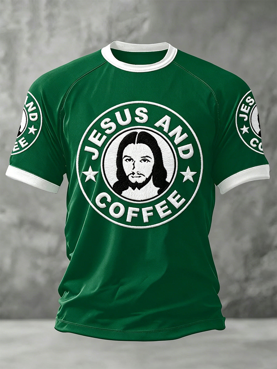 Men's Jesus And Coffee Print Casual Tee