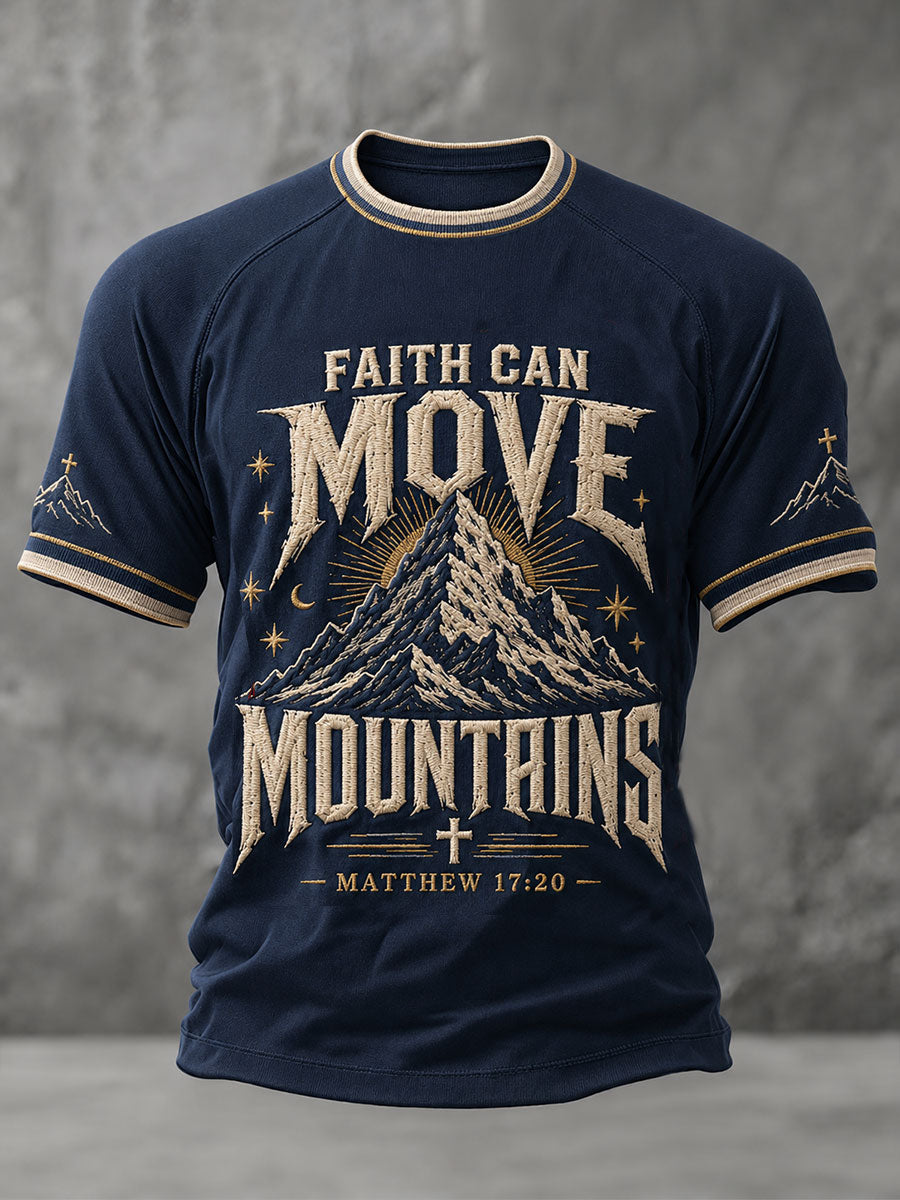 Herren T-Shirt mit Aufschrift "Glaube kann Berge versetzen"