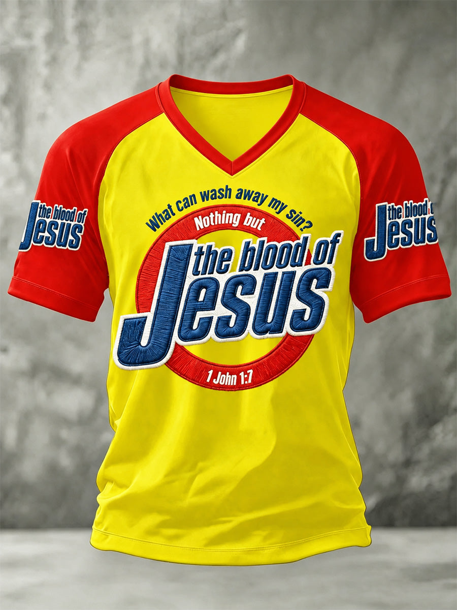 Men's The Blood Of Jesus Print Casual V-Neck Tee