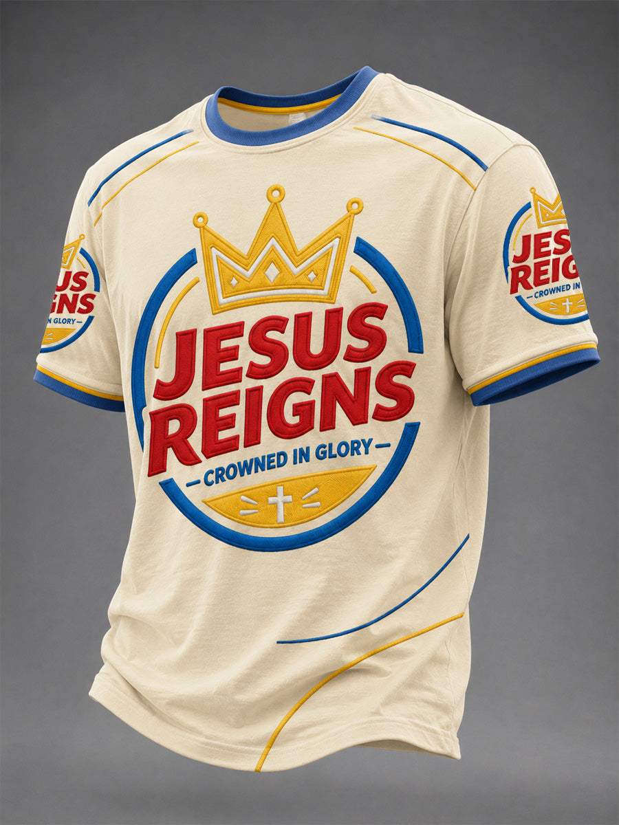 Herren T-Shirt „Jesus Reigns Crowned In Glory“ mit Print, Freizeitlook